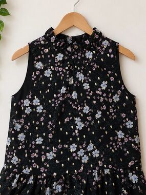 LOFT Black Floral Top with Pink and White Blooms & Gold Foil